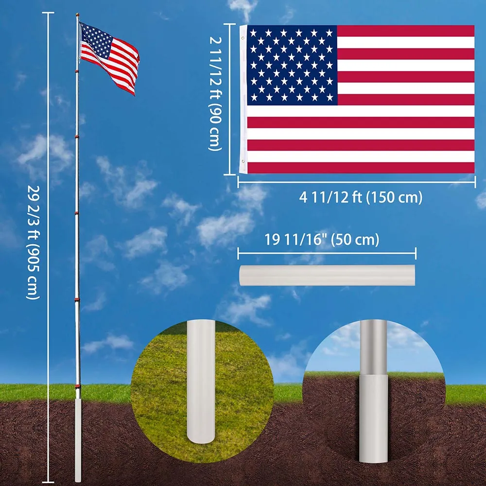 DIY 30 ft Aluminum Telescoping Flagpole Kit with US Flag