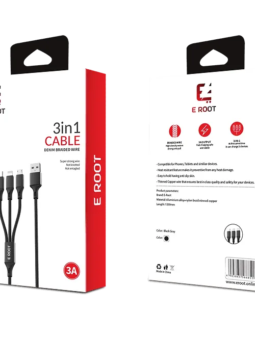 E-Root 3-In-1 Micro USB Type-C Lightning Data Sync And Charging Cable Black