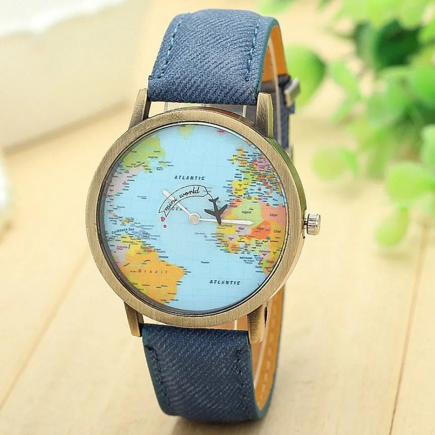 Fashion Global Travel By Plane Map Denim Fabric Band 7 Colors Women Dress Watches