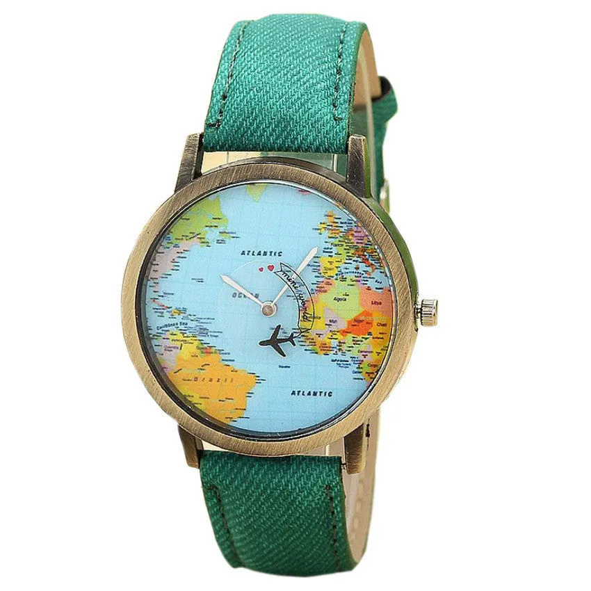 Fashion Global Travel By Plane Map Denim Fabric Band 7 Colors Women Dress Watches