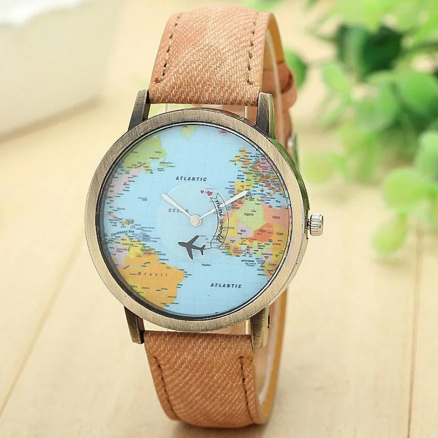 Fashion Global Travel By Plane Map Denim Fabric Band 7 Colors Women Dress Watches