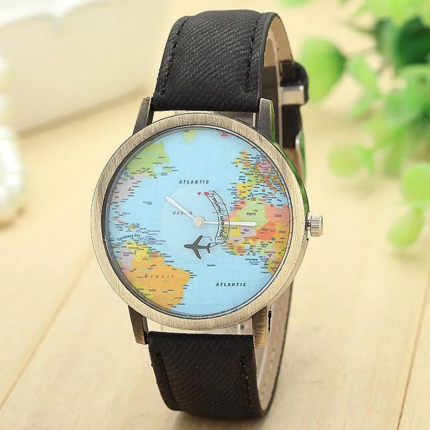 Fashion Global Travel By Plane Map Denim Fabric Band 7 Colors Women Dress Watches