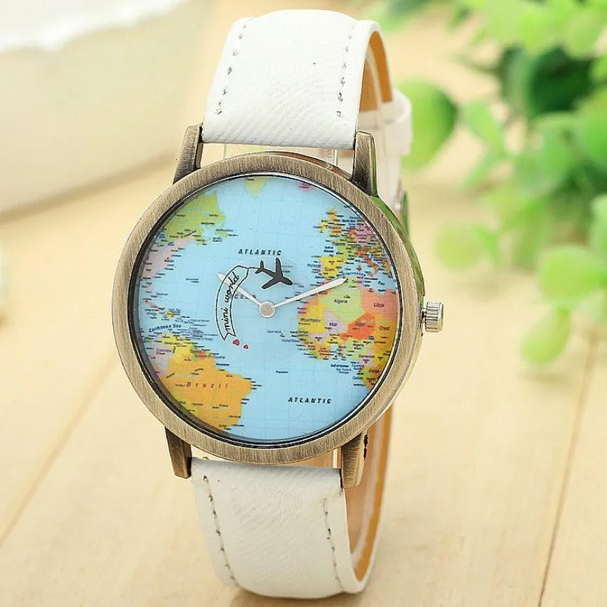 Fashion Global Travel By Plane Map Denim Fabric Band 7 Colors Women Dress Watches