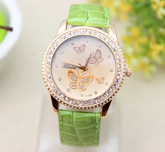 Fashion PU leather Watch Butterfly Women Rhinestone Watch Women Dress Watch