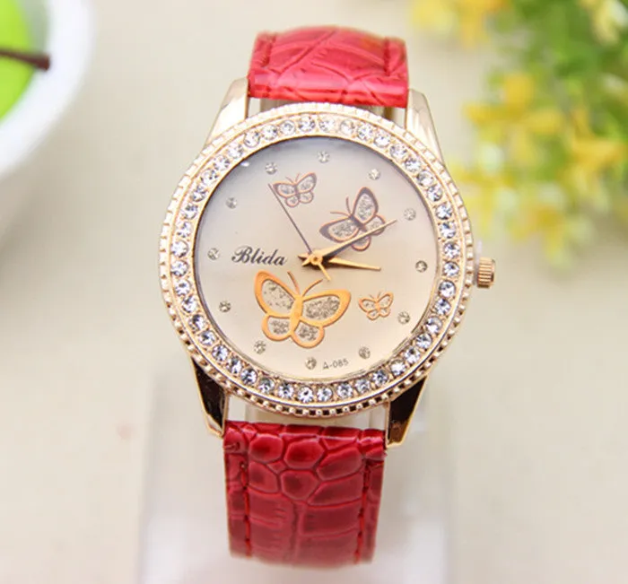 Fashion PU leather Watch Butterfly Women Rhinestone Watch Women Dress Watch