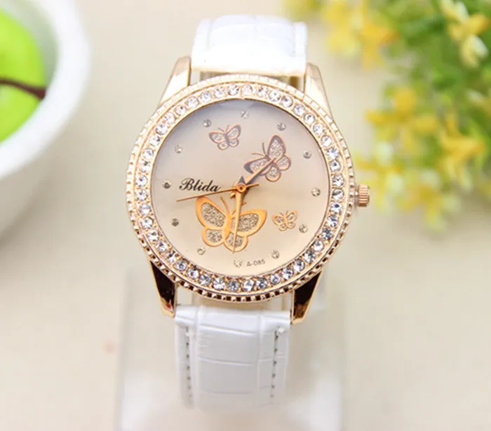 Fashion PU leather Watch Butterfly Women Rhinestone Watch Women Dress Watch