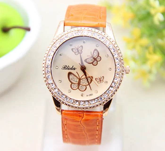 Fashion PU leather Watch Butterfly Women Rhinestone Watch Women Dress Watch