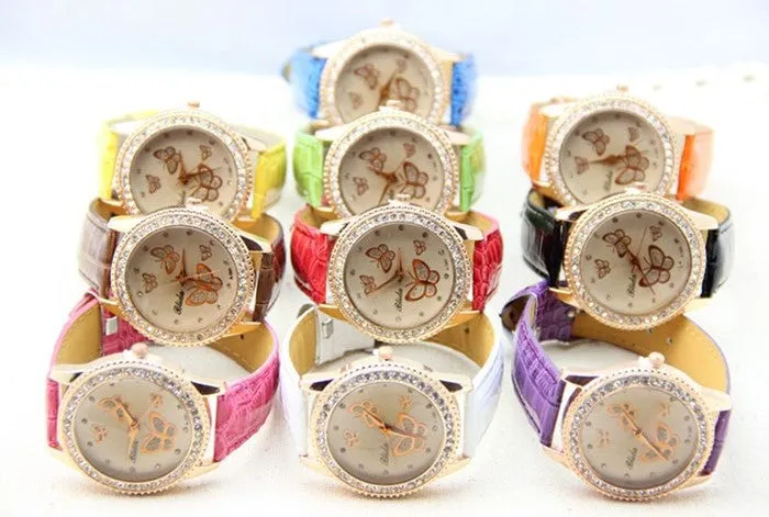 Fashion PU leather Watch Butterfly Women Rhinestone Watch Women Dress Watch