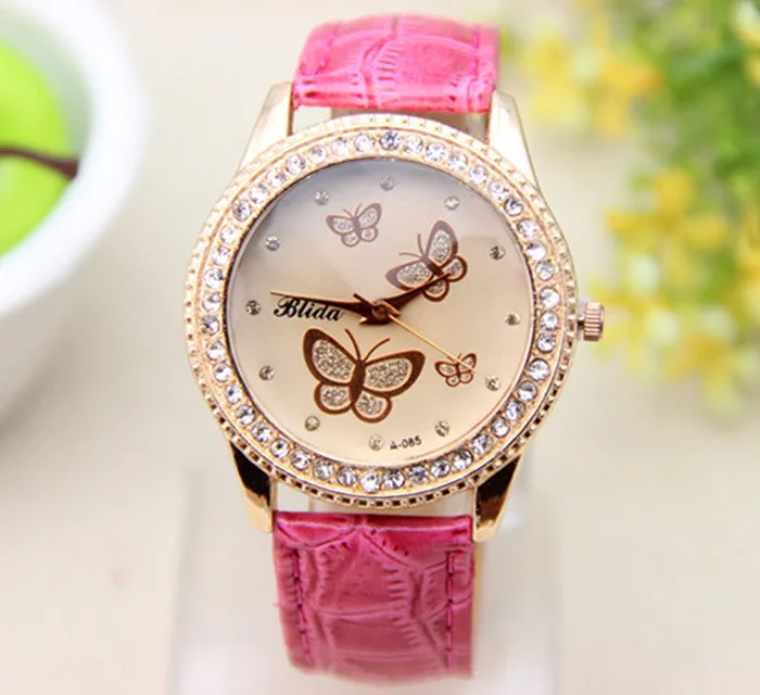 Fashion PU leather Watch Butterfly Women Rhinestone Watch Women Dress Watch