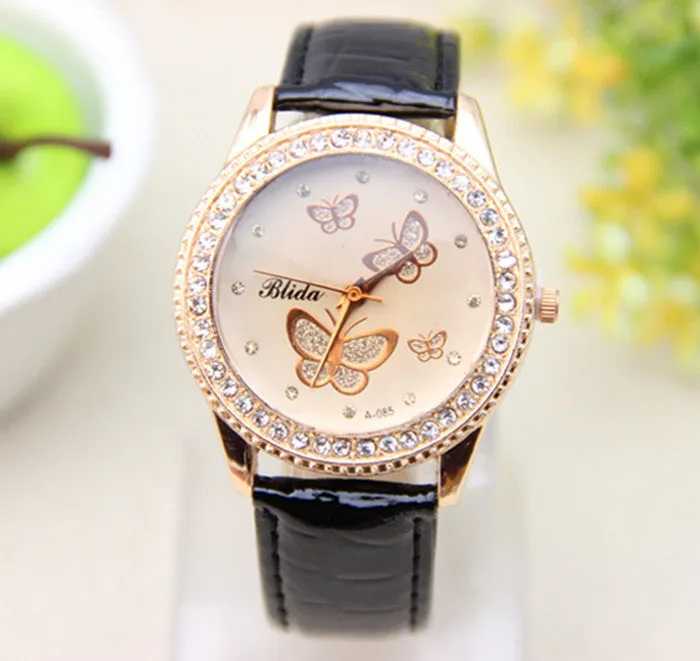 Fashion PU leather Watch Butterfly Women Rhinestone Watch Women Dress Watch