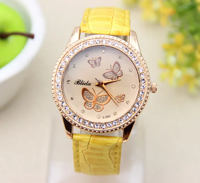 Fashion PU leather Watch Butterfly Women Rhinestone Watch Women Dress Watch