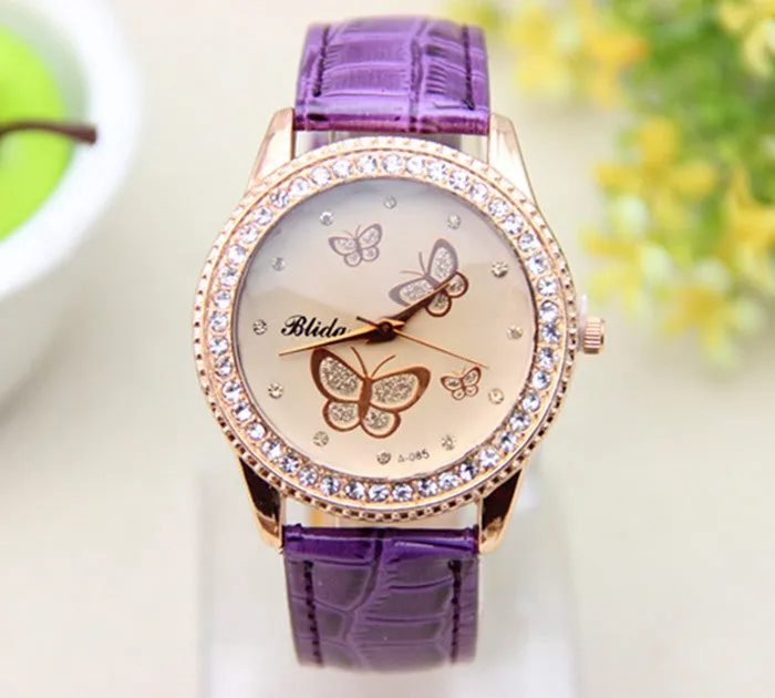 Fashion PU leather Watch Butterfly Women Rhinestone Watch Women Dress Watch