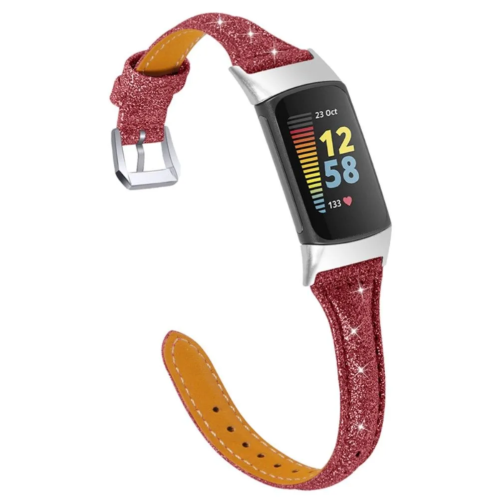 Fitbit Charge 5 slim genuine leather watch strap - Glittery Red