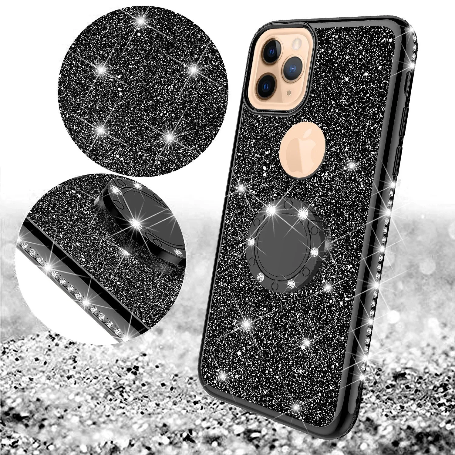 For Apple iPhone 13 Pro Max Case, Glitter Cute Phone Case Girls with Kickstand,Bling Diamond Rhinestone Bumper Ring Stand Sparkly Luxury Clear Thin Soft Protective Apple iPhone 13 Pro Max Case for Girl Women - Black