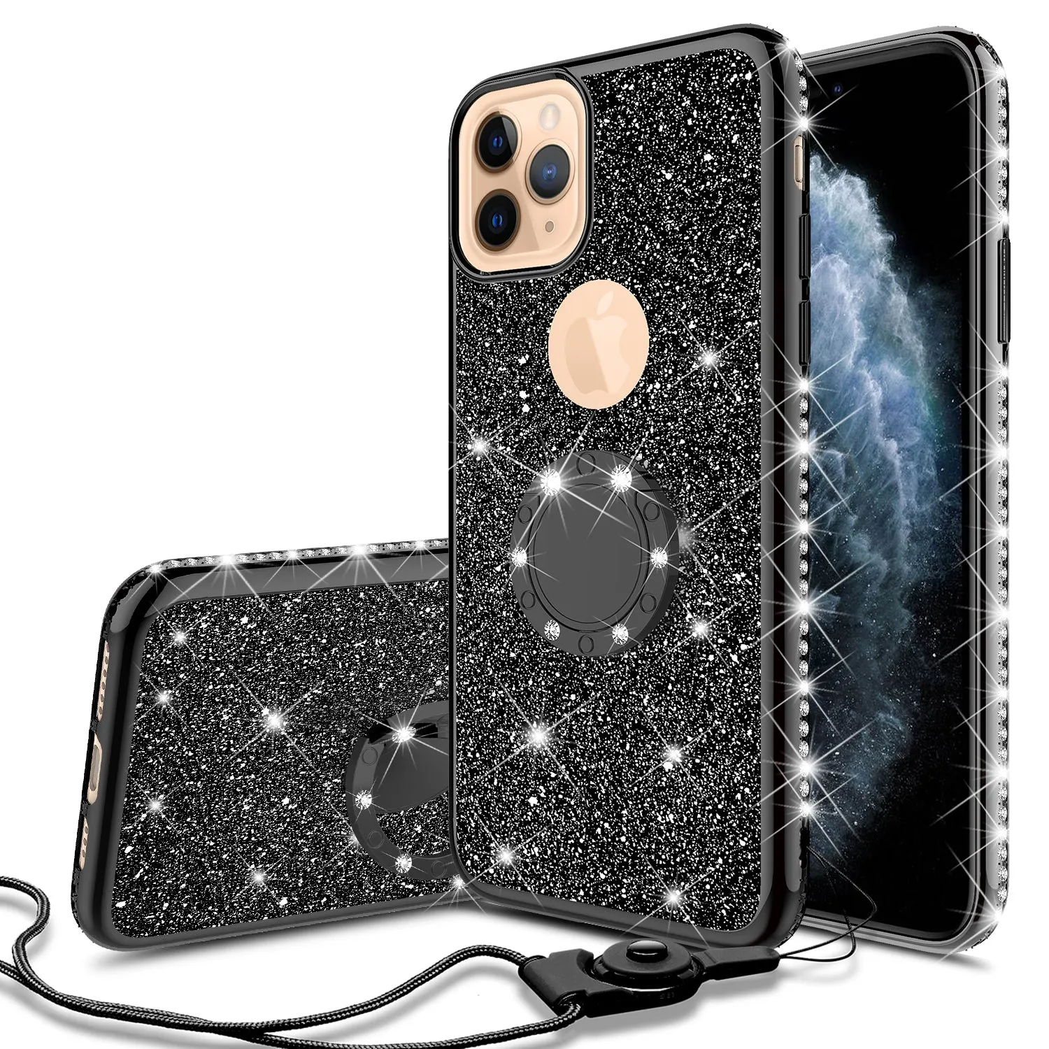 For Apple iPhone 13 Pro Max Case, Glitter Cute Phone Case Girls with Kickstand,Bling Diamond Rhinestone Bumper Ring Stand Sparkly Luxury Clear Thin Soft Protective Apple iPhone 13 Pro Max Case for Girl Women - Black