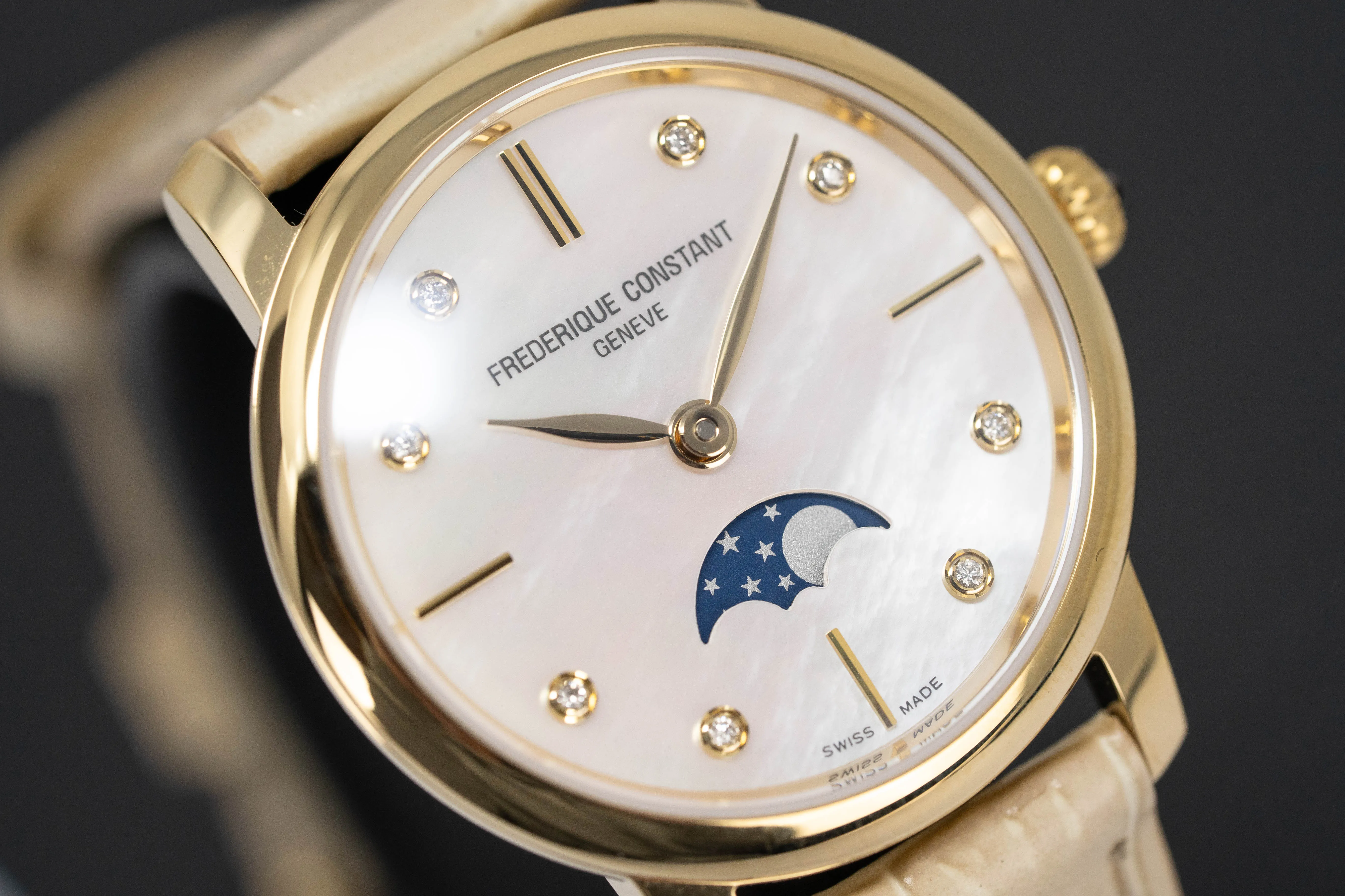 Frederique Constant Watch Slimline Moon Phase Diamond Beige Leather FC-206MPWD1S5