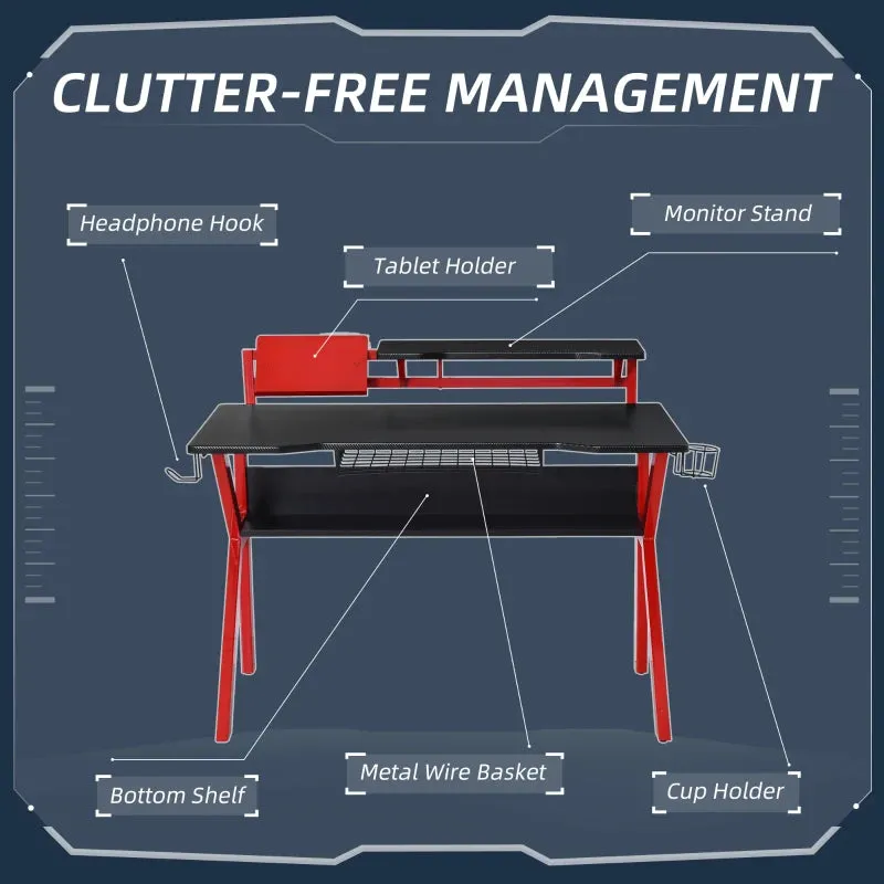 Gaming Desk Computer Table with Monitor Stand, Cup Holder, Headphone Hook, Wire Basket and Metal Frame