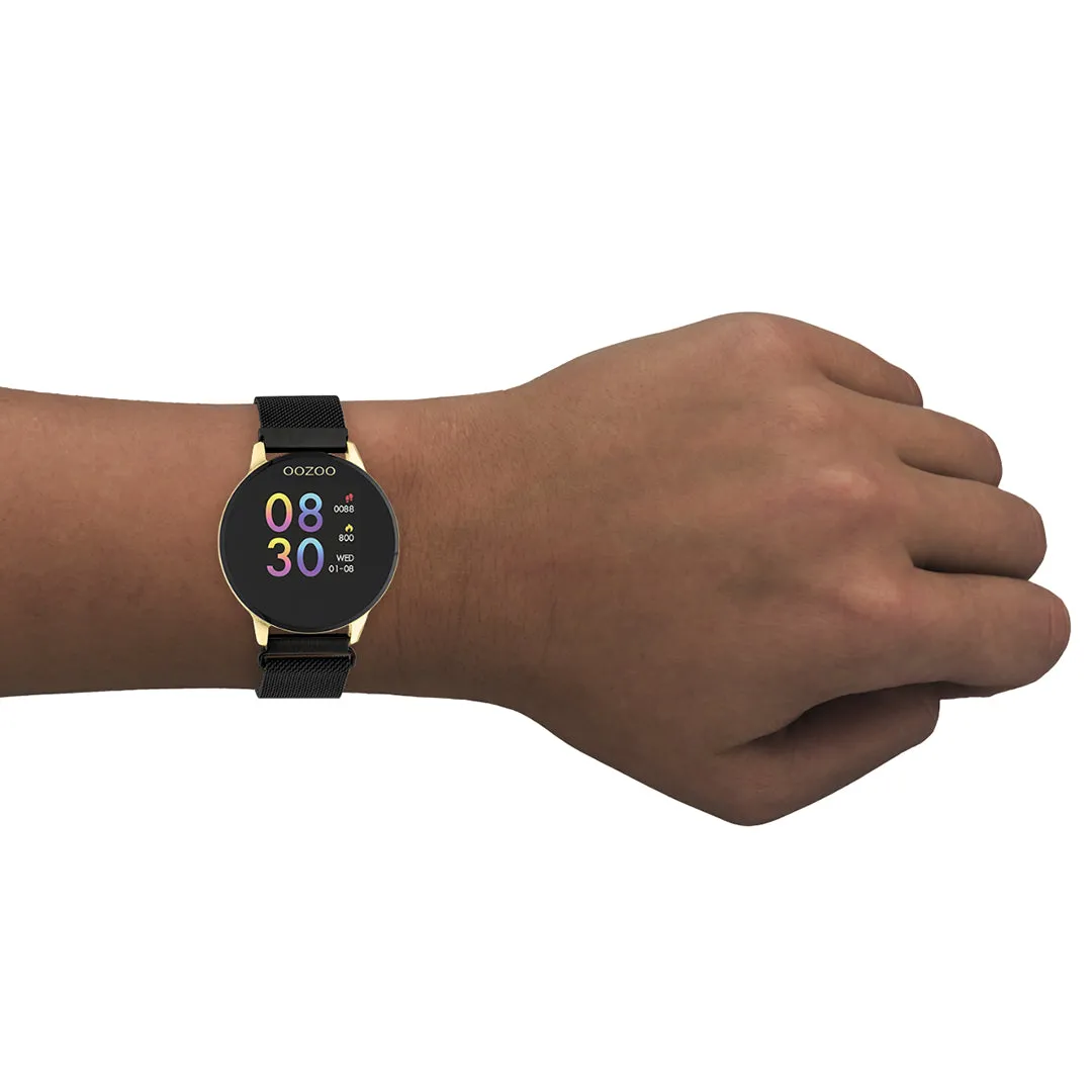 Gold coloured OOZOO smartwatch with black metal mesh bracelet - Q00122