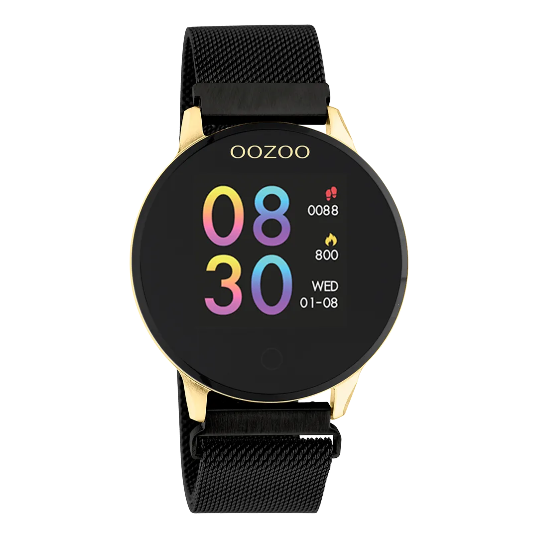 Gold coloured OOZOO smartwatch with black metal mesh bracelet - Q00122