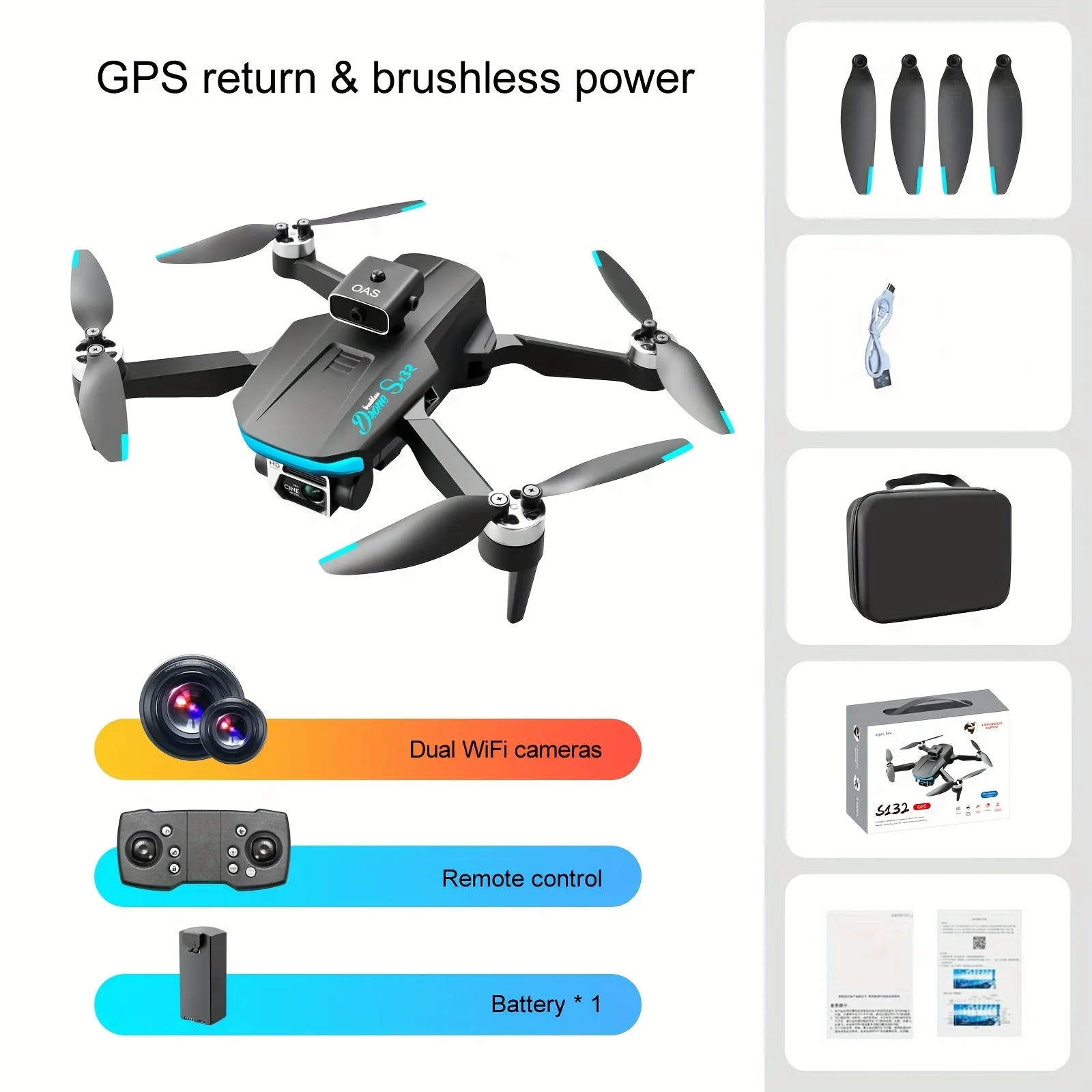 GPS Positioning Drone S132 with Brushless Motor, Intelligent Obstacle Avoidance, Optical Flow Positioning, ESC WiFi Dual HD Camera, and 18-Minute Battery Life