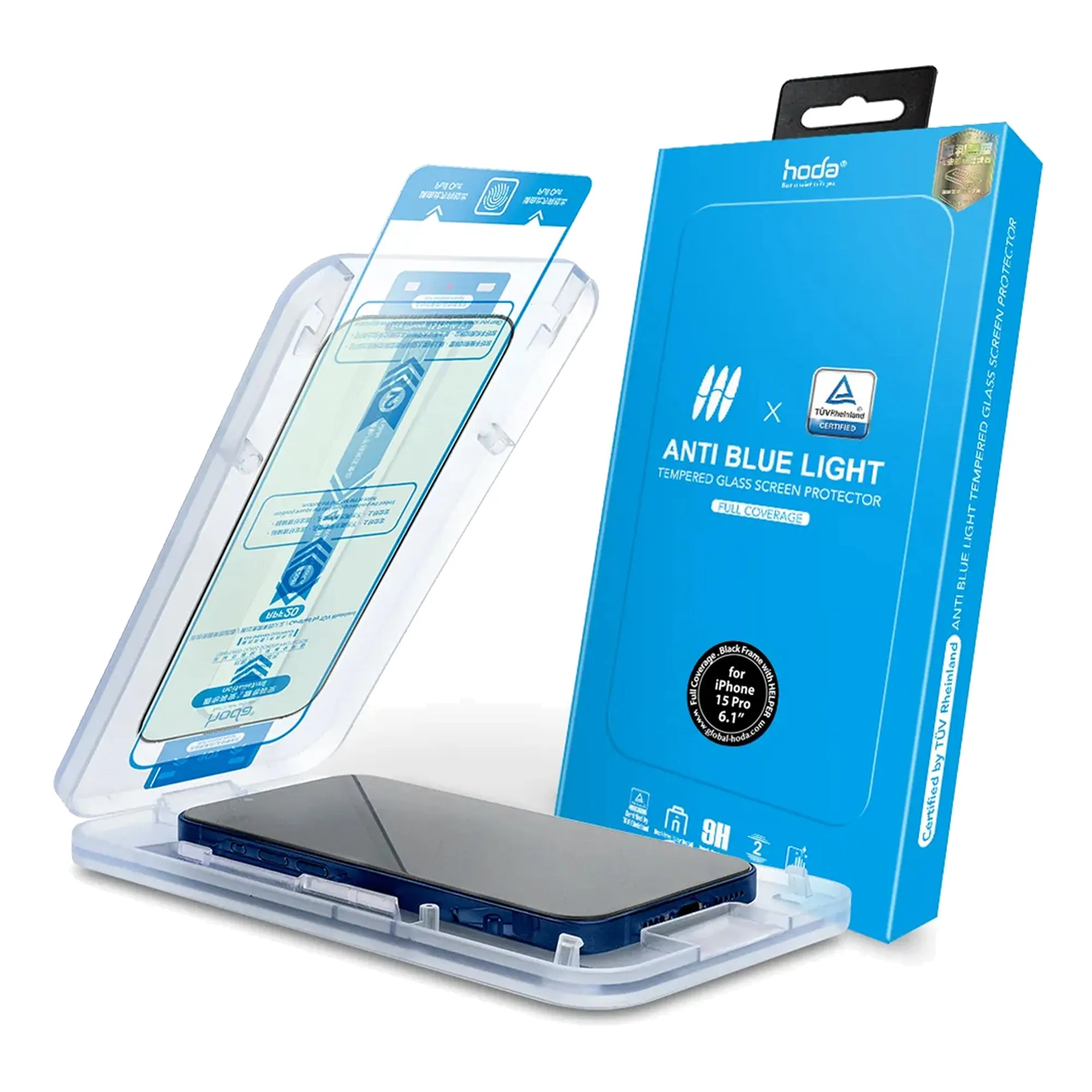 Hoda TÜV RPF20 Certified Blue Light Filter for iPhone 15 Series - Full Coverage Tempered Glass Screen Protector with Dust Free Helper