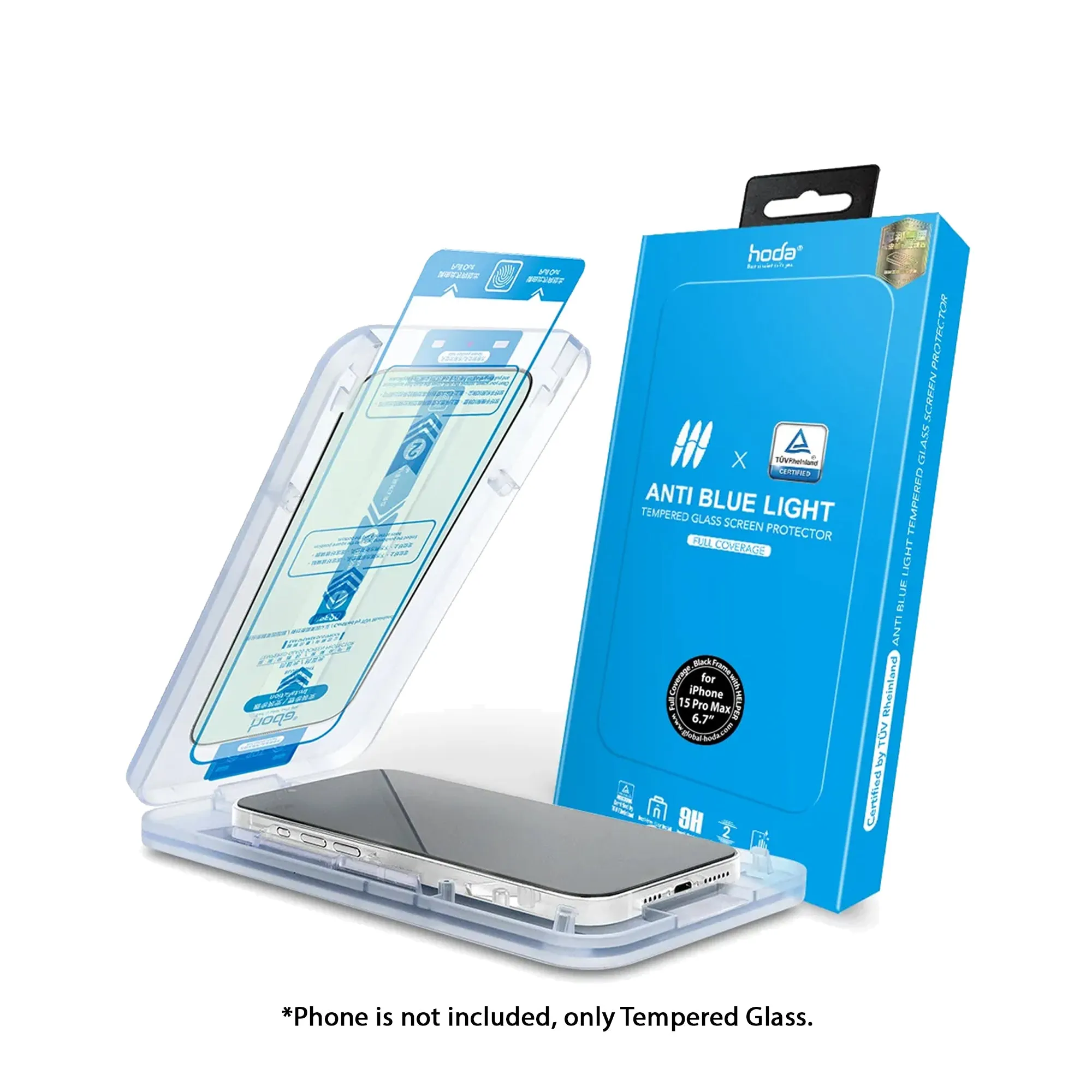 Hoda TÜV RPF20 Certified Blue Light Filter for iPhone 15 Series - Full Coverage Tempered Glass Screen Protector with Dust Free Helper