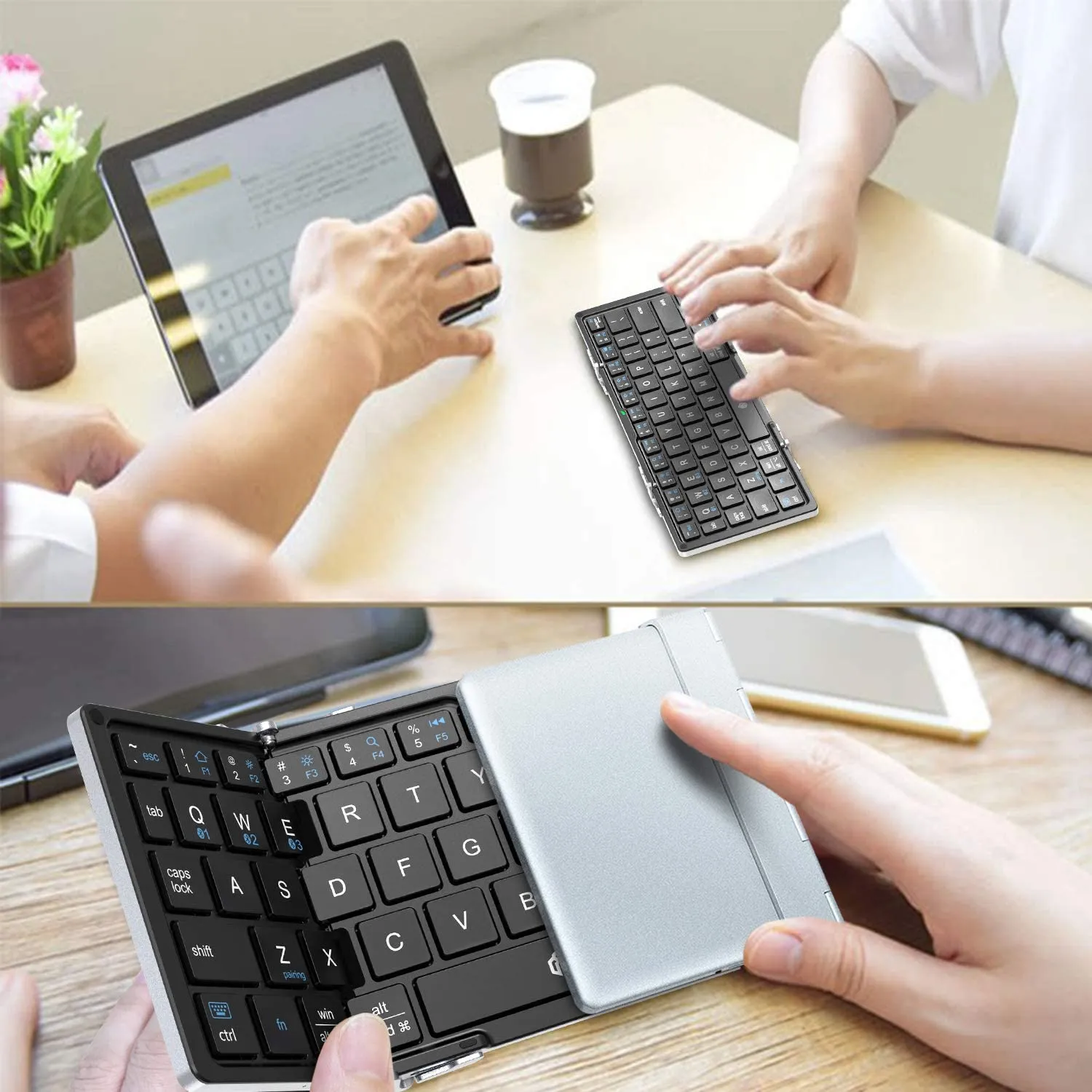 iClever BK03 Tri-folding Wireless Keyboard Silver Portable with Durable Foldable Aluminum Alloy Housing Bluetooth 5.1  60hours Battery Rechargeable