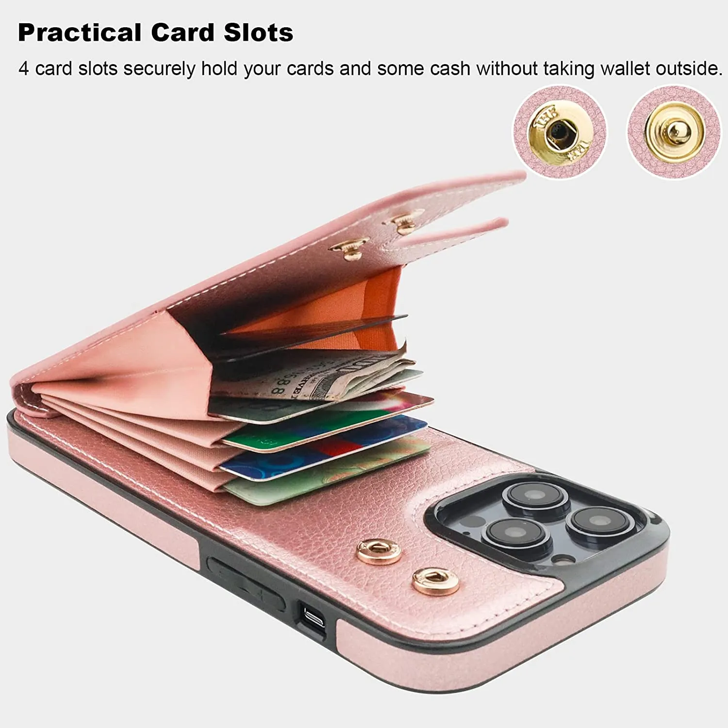 iPhone 14 Pro Max Case Wallet with Card Holder, 360°Rotation Finger Ring Holder Rose Gold