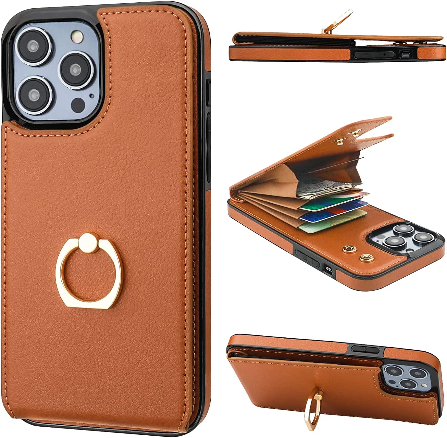 iPhone 14 Pro Max Case Wallet with Card Holder, 360°Rotation Finger Ring Holder Rose Gold