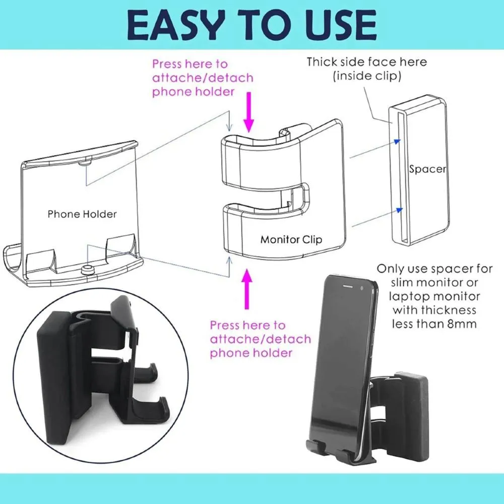 Laptop Phone Holder Adjustable Side Mount Clip Computer Monitor Slim Portable Smartphone Stand