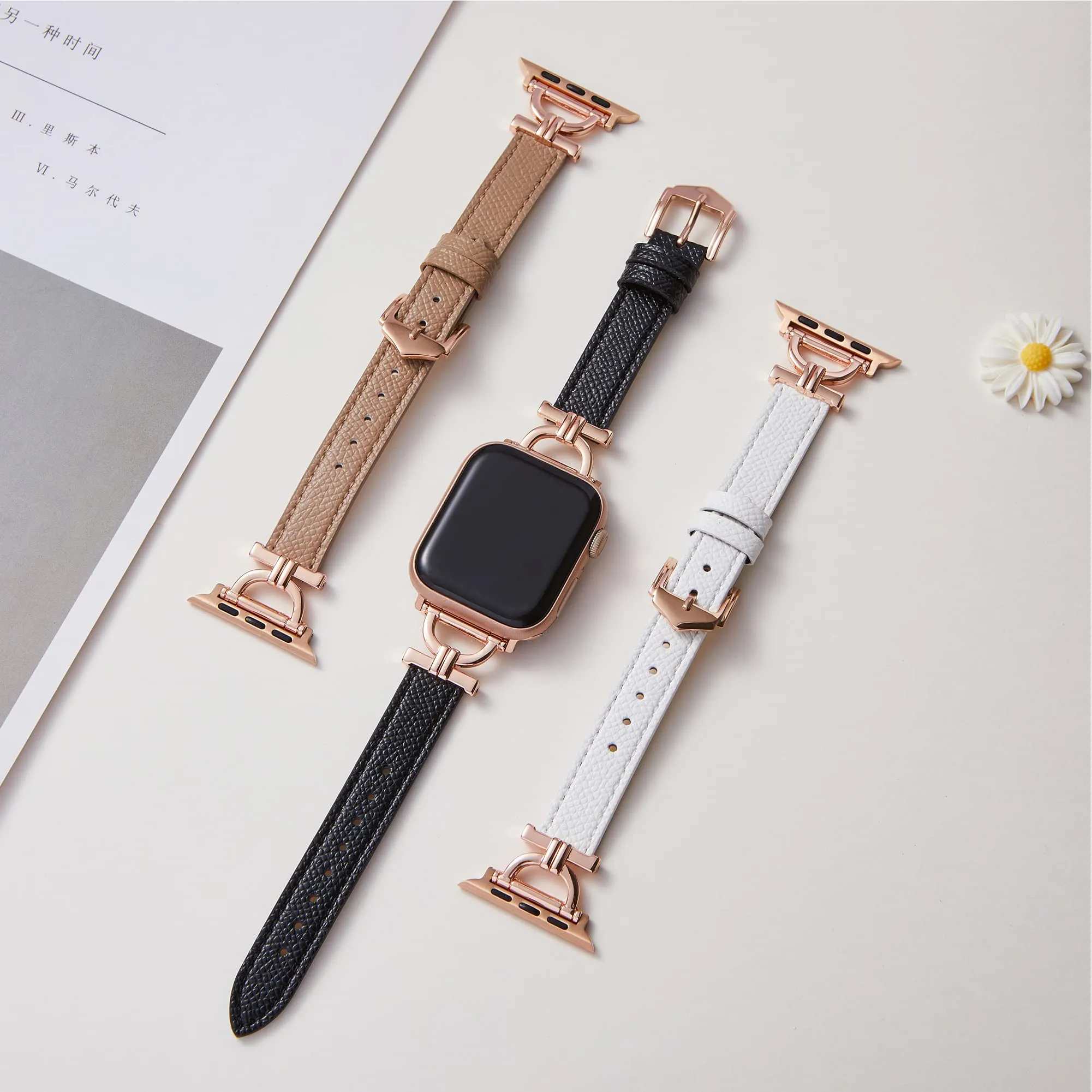 Leather Band For Apple Watch 38mm 40mm 41mm, Slim Leather Strap with D-Shape Rose Gold Metal Buckle - Purple