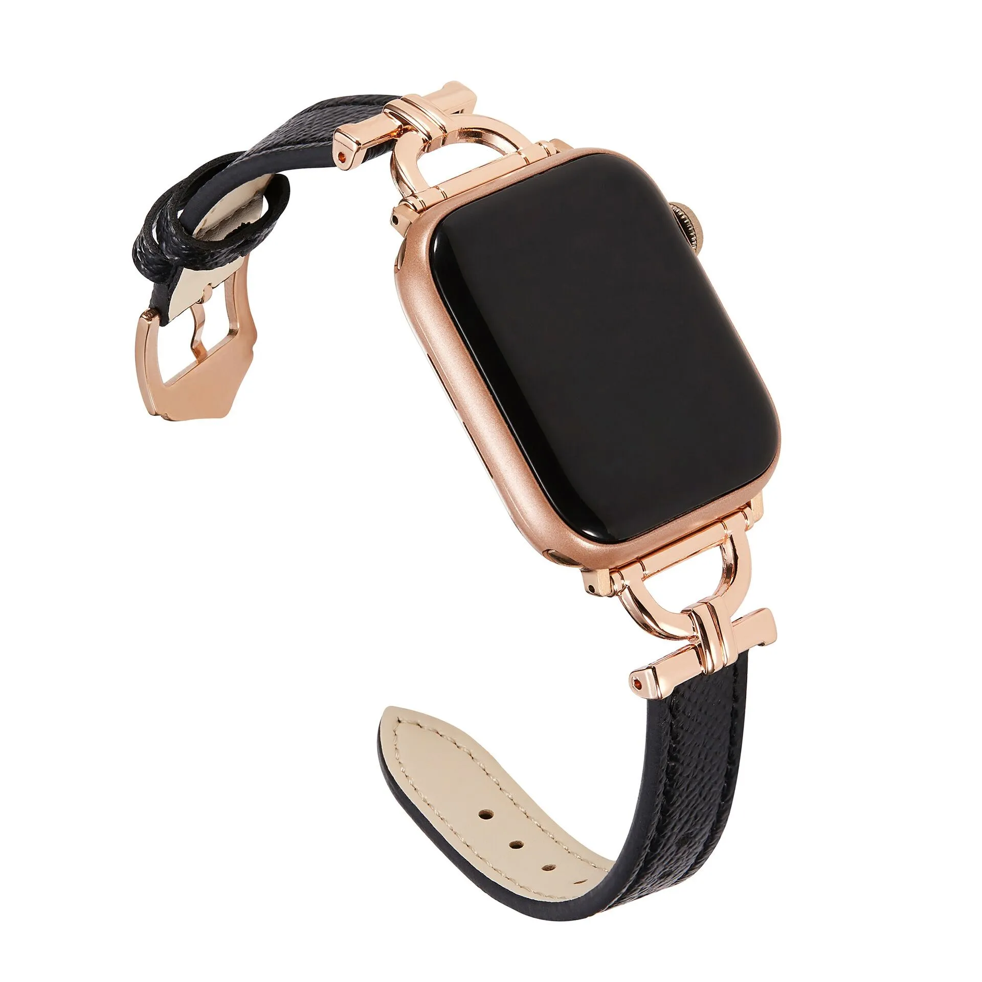 Leather Band For Apple Watch 38mm 40mm 41mm, Slim Leather Strap with D-Shape Rose Gold Metal Buckle - Purple