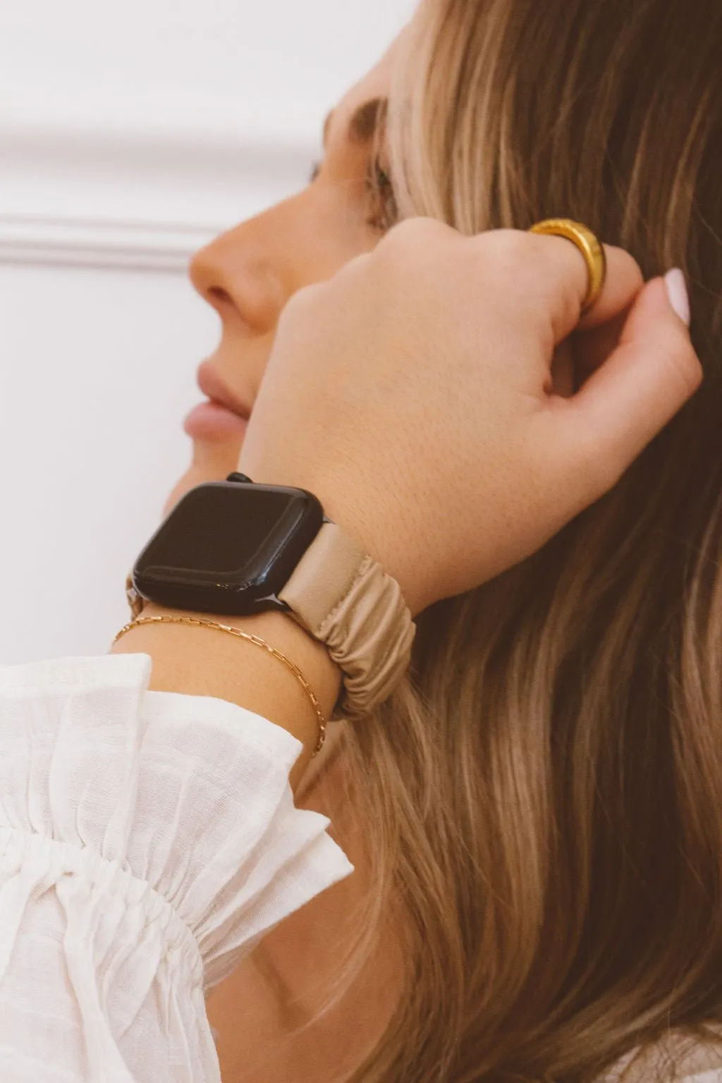 Light Tan Leather Scrunchie Band Compatible with Apple Watch