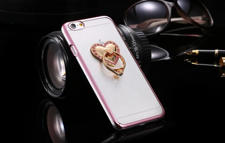 Metal Plating Bling Diamond Pattern Case For Iphone 6 6s / 6s Plus Hard PC Ring Love Stand Back Phone Cover