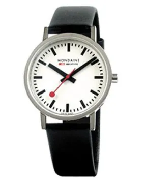 Mondaine Mens Classic - Brushed Steel Case - White Dial - Black Leather Strap