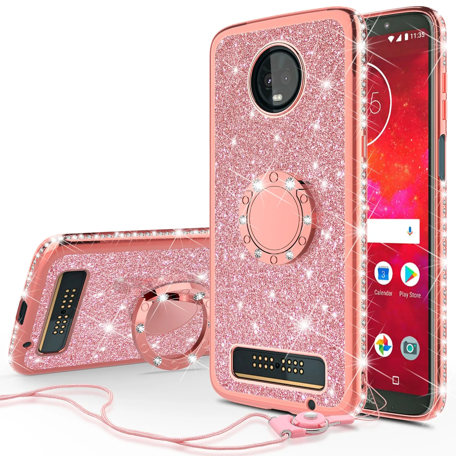 Motorola Moto Z3 Play Case, Glitter Cute Phone Case Girls with Kickstand,Bling Diamond Rhinestone Bumper Ring Stand Sparkly Luxury Clear Thin Soft Protective Motorola Moto Z3 Play Case for Girl Women - Rose Gold