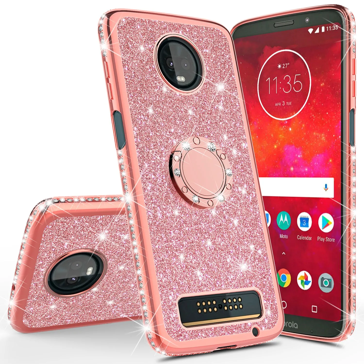 Motorola Moto Z3 Play Case, Glitter Cute Phone Case Girls with Kickstand,Bling Diamond Rhinestone Bumper Ring Stand Sparkly Luxury Clear Thin Soft Protective Motorola Moto Z3 Play Case for Girl Women - Rose Gold