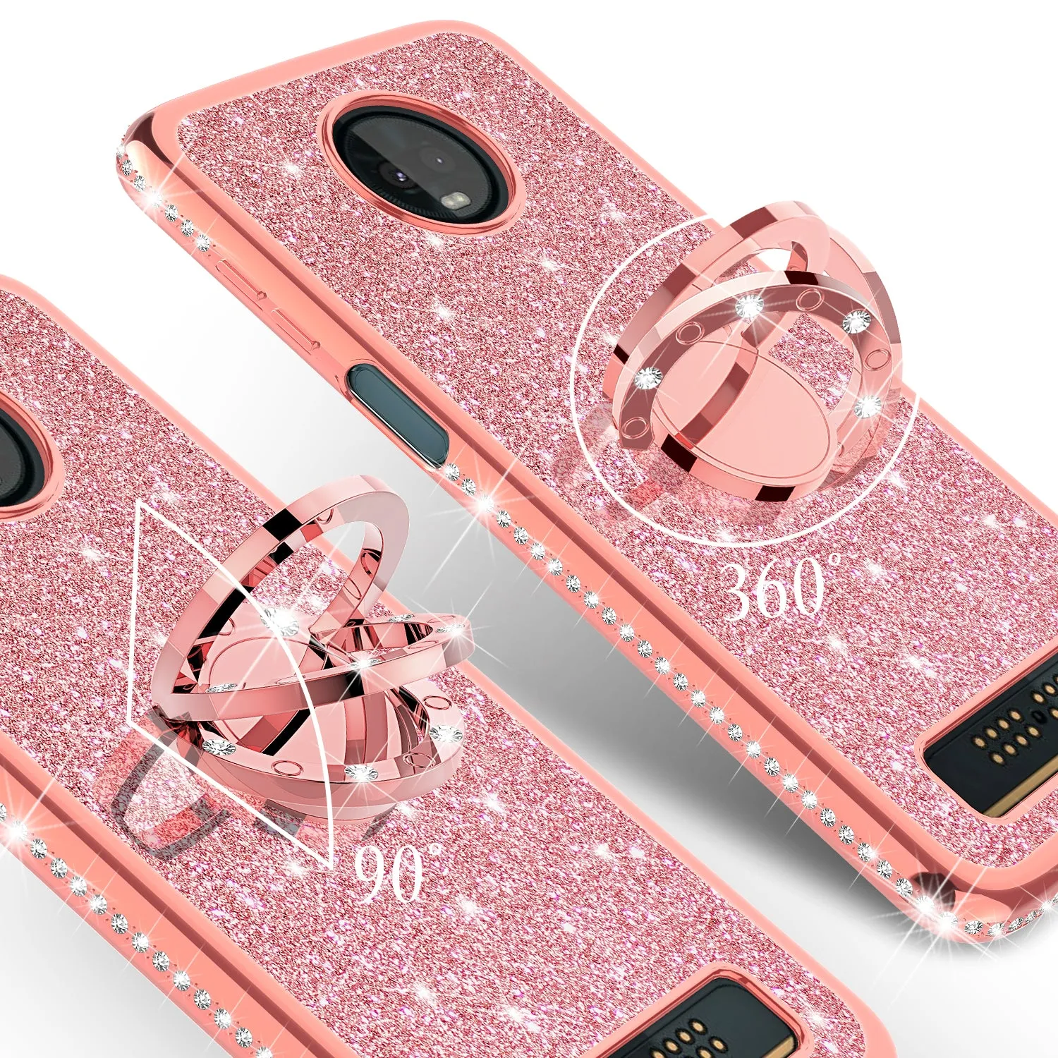 Motorola Moto Z3 Play Case, Glitter Cute Phone Case Girls with Kickstand,Bling Diamond Rhinestone Bumper Ring Stand Sparkly Luxury Clear Thin Soft Protective Motorola Moto Z3 Play Case for Girl Women - Rose Gold