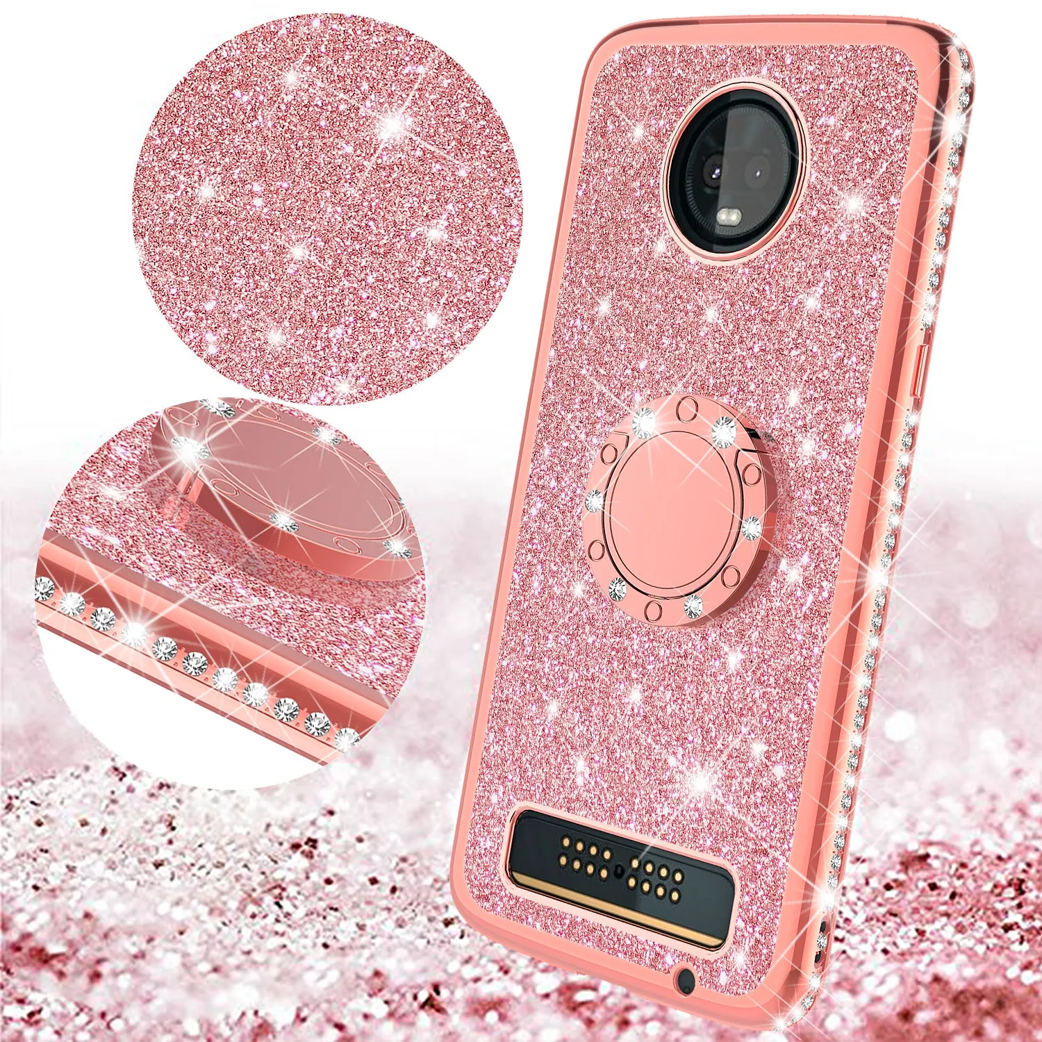 Motorola Moto Z3 Play Case, Glitter Cute Phone Case Girls with Kickstand,Bling Diamond Rhinestone Bumper Ring Stand Sparkly Luxury Clear Thin Soft Protective Motorola Moto Z3 Play Case for Girl Women - Rose Gold