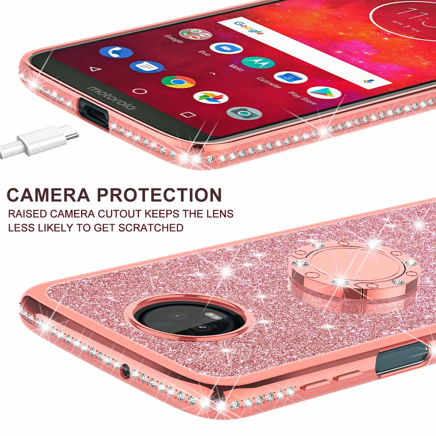 Motorola Moto Z3 Play Case, Glitter Cute Phone Case Girls with Kickstand,Bling Diamond Rhinestone Bumper Ring Stand Sparkly Luxury Clear Thin Soft Protective Motorola Moto Z3 Play Case for Girl Women - Rose Gold