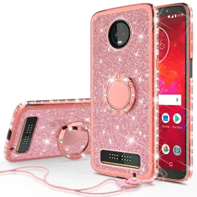 Motorola Moto Z3 Play Case, Glitter Cute Phone Case Girls with Kickstand,Bling Diamond Rhinestone Bumper Ring Stand Sparkly Luxury Clear Thin Soft Protective Motorola Moto Z3 Play Case for Girl Women - Rose Gold