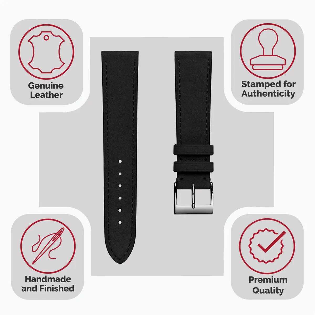 Mozet Flat Nubuck Handmade Leather Watch Strap - Black