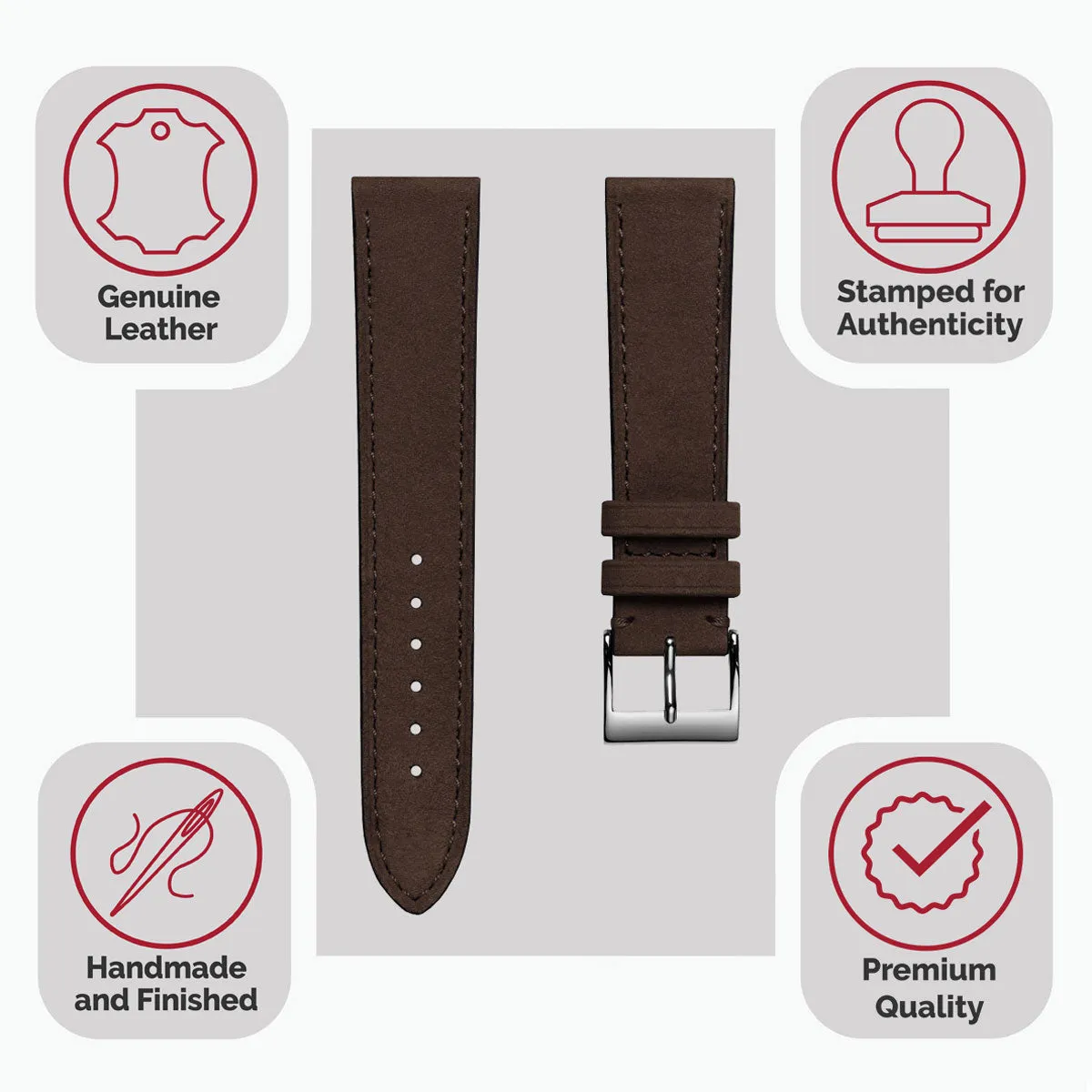 Mozet Flat Nubuck Handmade Leather Watch Strap - Chocolate Brown