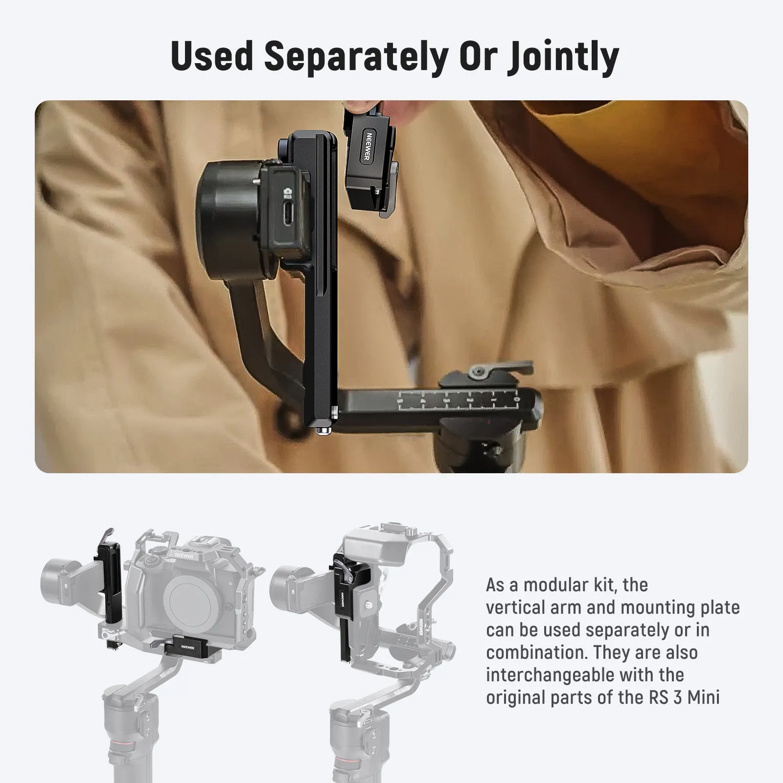 NEEWER GA013 Extended Vertical Arm & Arca Type QR Plate Kit for DJI RS 3 Mini