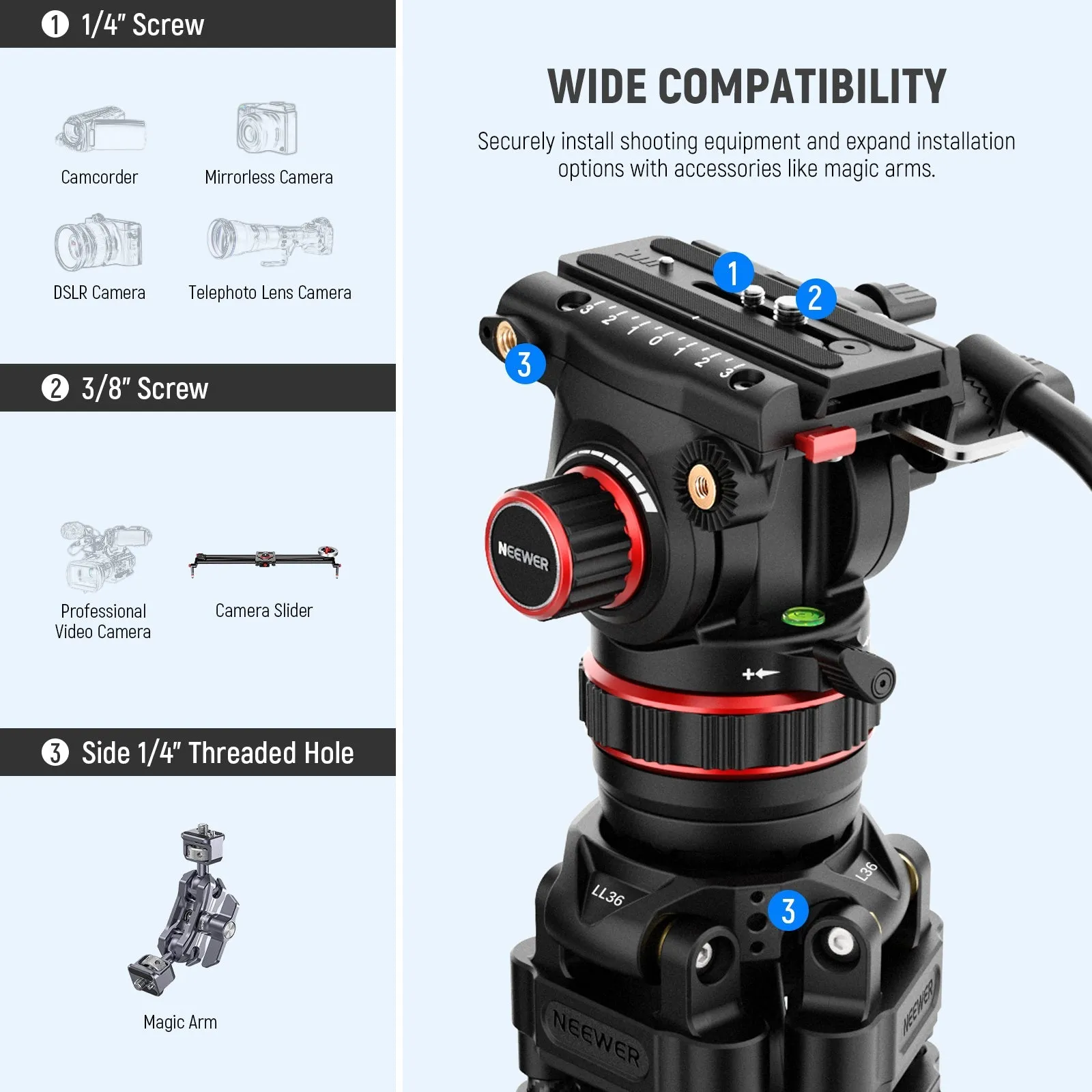 NEEWER LL36 78" Carbon Fiber Tripod with Damping Adjustable Fluid Head