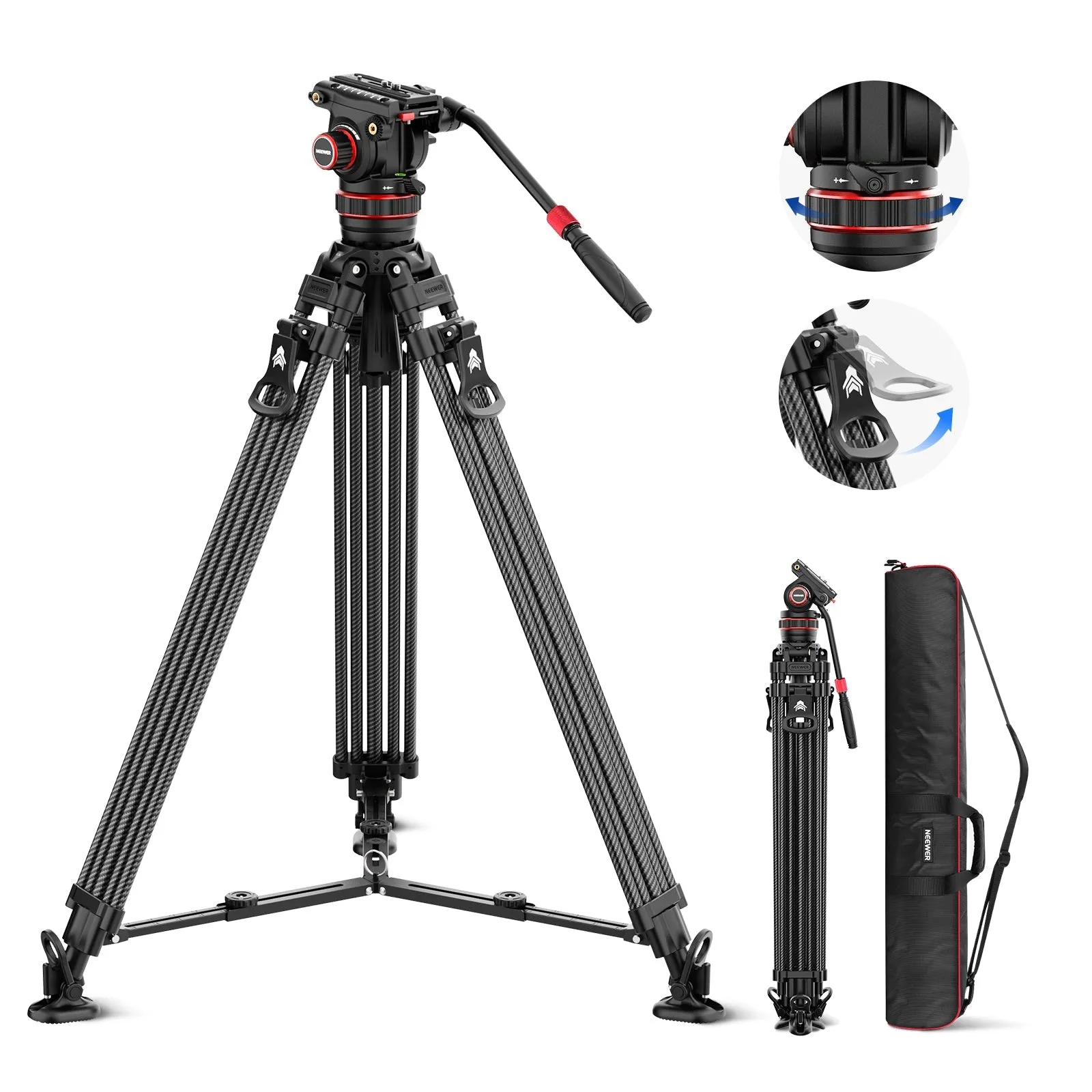 NEEWER LL36 78" Carbon Fiber Tripod with Damping Adjustable Fluid Head