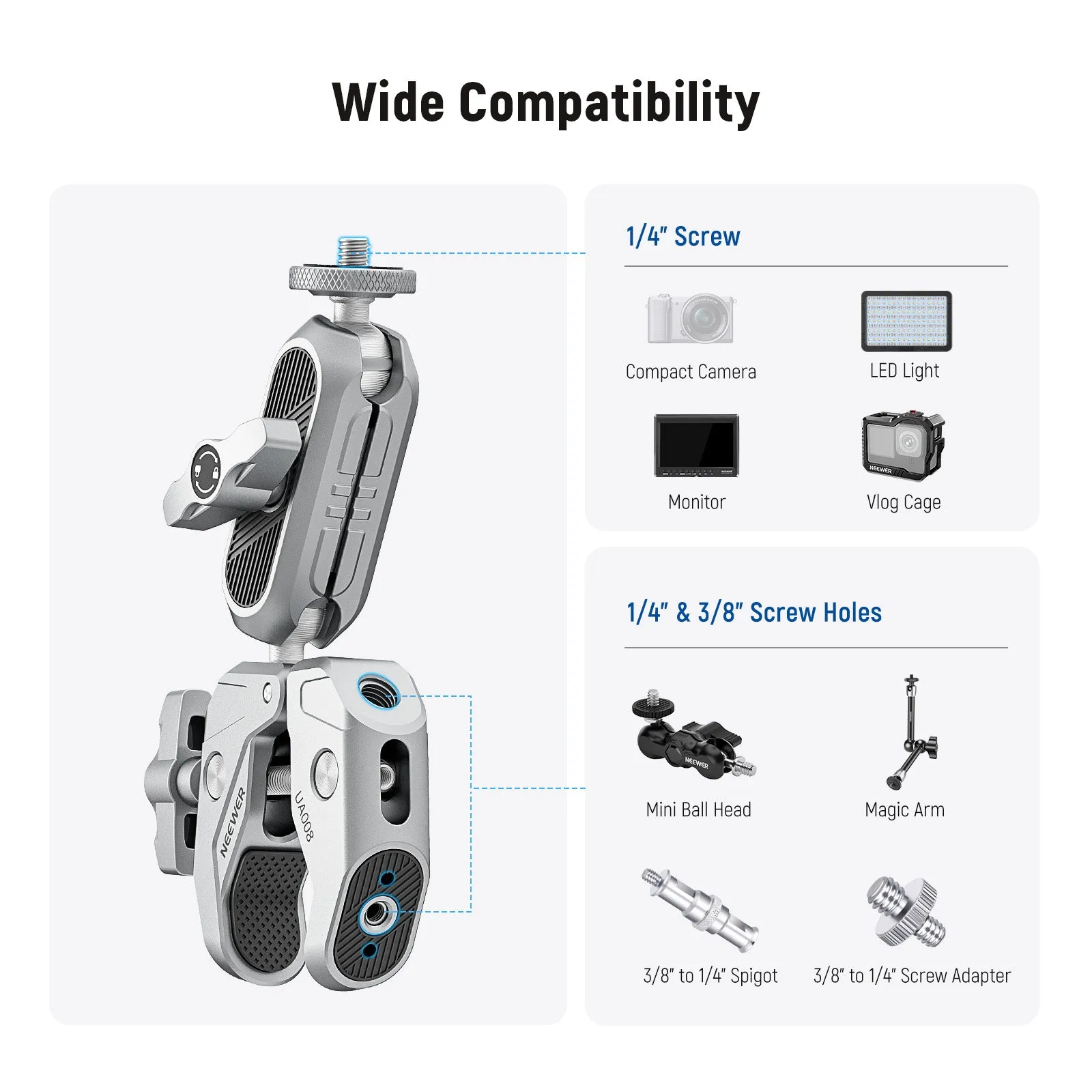 NEEWER UA008 Super Clamp with 3" Dual Ballhead Magic Arm