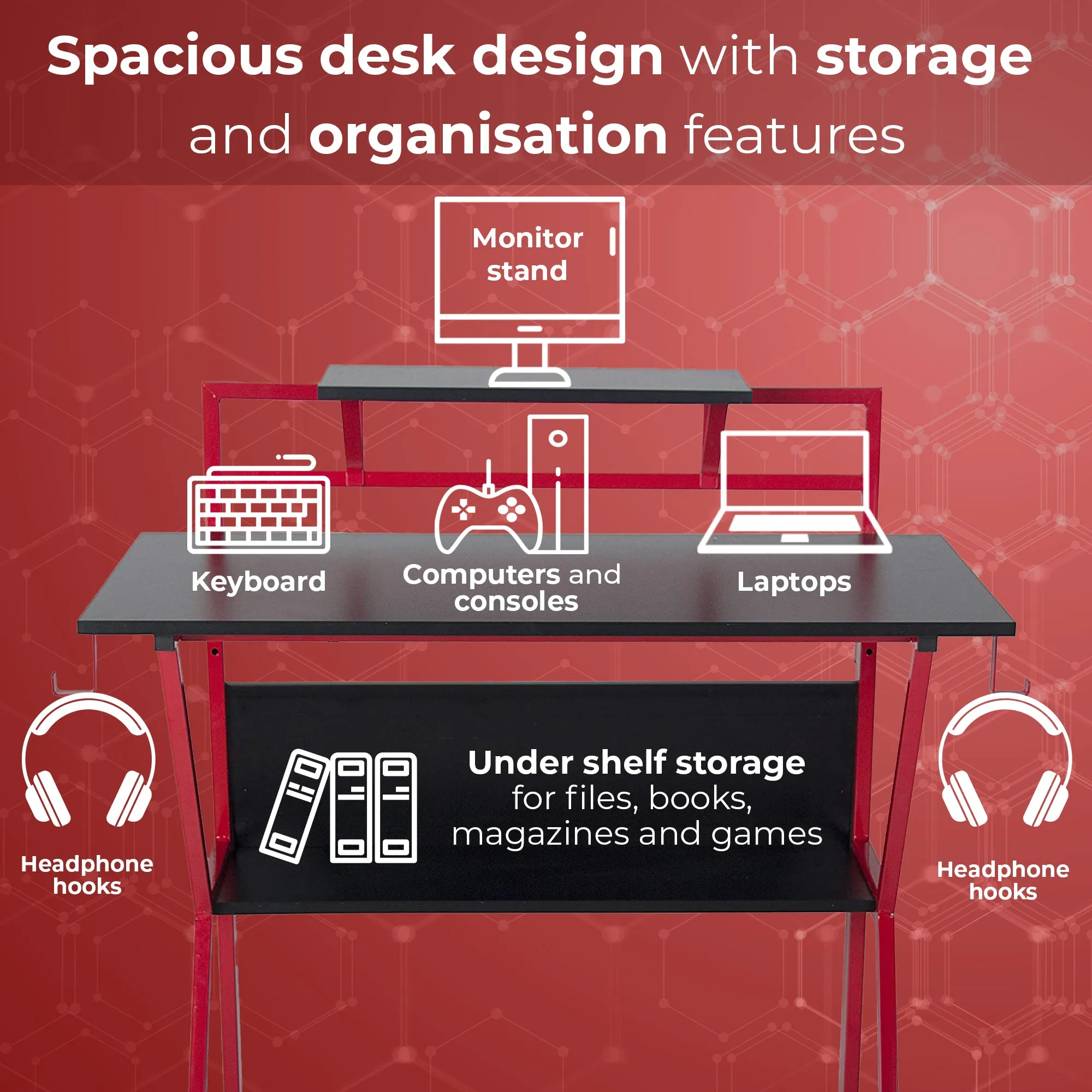 Neo Red Ergonomic 2 Tier Gaming Computer Office Desk