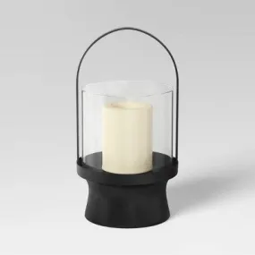 New - 11" Modern Metal and Glass Small Battery LED Pillar Candle Outdoor Lantern Black - Threshold