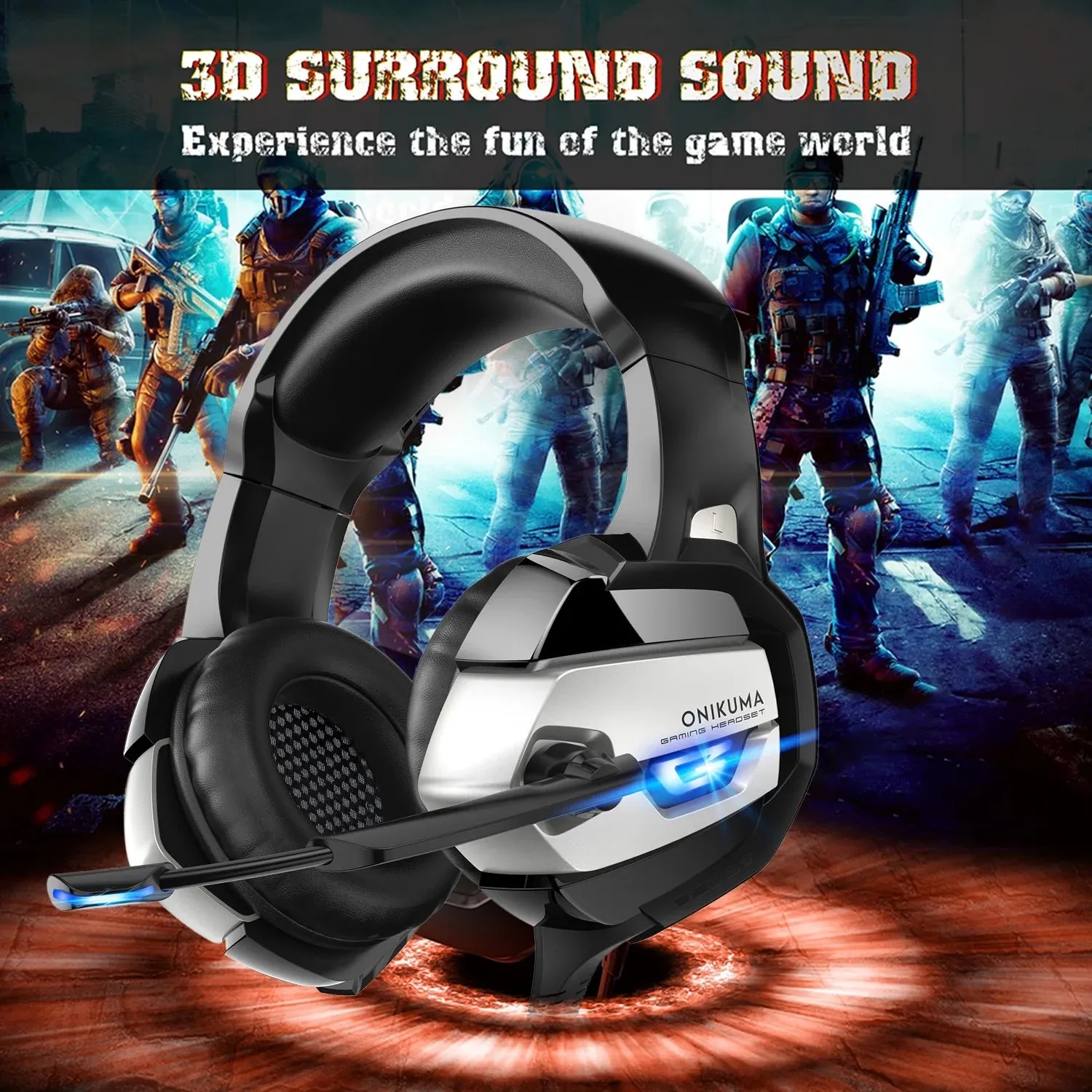 Onikuma K5 Gaming Headset  with Microphone, 7.1 Surround Sound, Noise Canceling for PS4, Xbox One, Laptop, PC